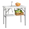 101*65.5*92cm High-Density Polyethylene (HDPE) White Plastic Rectangular Table with Grid Wire Shelf Foldable Outdoor Fish Killing/Cleaning
