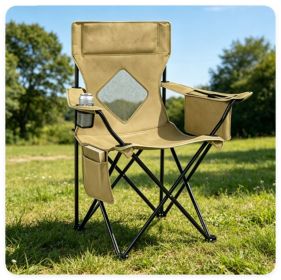 Folding Camping Chair, Heavy-Duty Metal Frame Portable Outdoor Chair with Cup Holder, Insulated Cooler Bag & Side Pocket for Camping Fishing