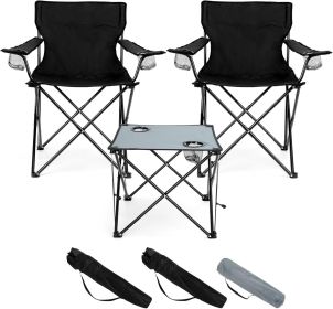 Folding Camping Chair Set of 3, Foldable Black Camp Chairs & Grey Table, Large Lawn Chair Portable for Adults Hiking, Fishing, Picnic, Outdoor BB