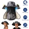 2 In 1 Solar Fan Hat UPF50+ Sun Hat With Fans Wide Brim Fishing Hat with Face Cover Neck Flap Solar USB Charging for Hiking Gardening Outdoor Work