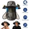 2 In 1 Solar Fan Hat UPF50+ Sun Hat With Fans Wide Brim Fishing Hat with Face Cover Neck Flap Solar USB Charging for Hiking Gardening Outdoor Work