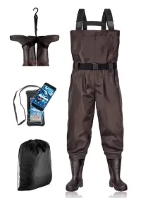BELLE DURA Fishing Waders Chest Waterproof Light Weight Nylon Bootfoot Waders for Men Women with Boots (Color: Brown, Size: Men 12 / Women 14)