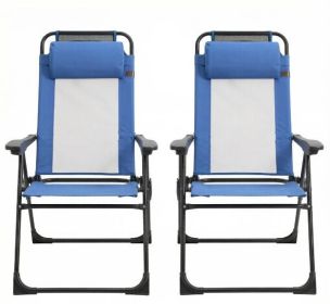 Blue Folding Patio Dining Chairs Set of 2 with Removable Headrest Adjustable Sling Back Outdoor Deck Camping Chair for Garden Backyard Lawn (Color: Blue)