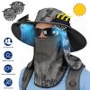 2 In 1 Solar Fan Hat UPF50+ Sun Hat With Fans Wide Brim Fishing Hat with Face Cover Neck Flap Solar USB Charging for Hiking Gardening Outdoor Work