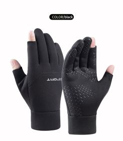 Winter Fishing Gloves Women Men Universal Keep Warm Fishing Protection Anti-slip Gloves 2 Cut Fingers Outdoor Angling (Color: Black, Size: L)