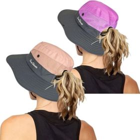 Women's Outdoor UV-Protection-Foldable Sun-Hats Mesh Wide-Brim Beach Fishing Hat with Ponytail-Hole (Color: Pink + Purple)