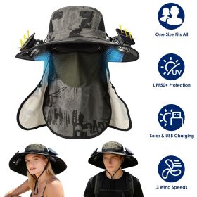2 In 1 Solar Fan Hat UPF50+ Sun Hat With Fans Wide Brim Fishing Hat with Face Cover Neck Flap Solar USB Charging for Hiking Gardening Outdoor Wor (Color: ArmyGreenInk)