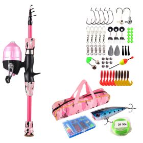 Kids Fishing Pole Set Fishing Starter Kit Telescopic Fishing Rod and Reel Combo Kit with Tackle Box 56Pcs Fishing Lures for Boys Girls (Color: Pink, Size: 1.5M)