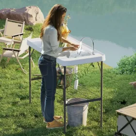 Folding Fish Cleaning Table with Sink, Portable Camping Table with Faucet, Drainage Hose, Sprayer and Shelf, White - (D0102X3JY8W) (Color: General)